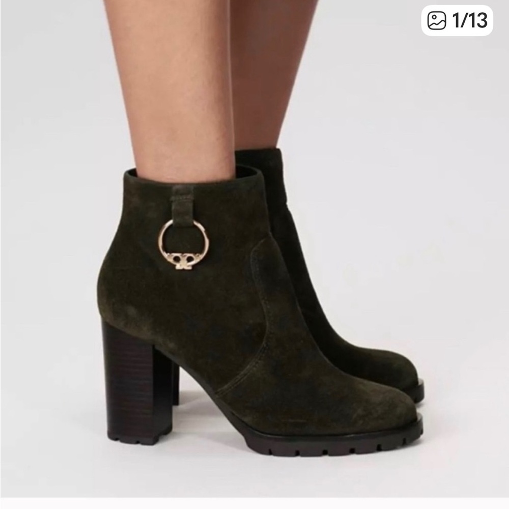 New Tory Burch Sofia 85mm Lug Sole Suede Gold